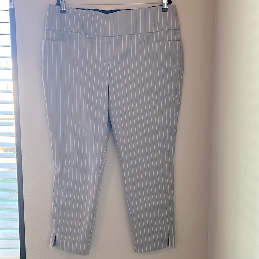 Grey and white striped trousers
